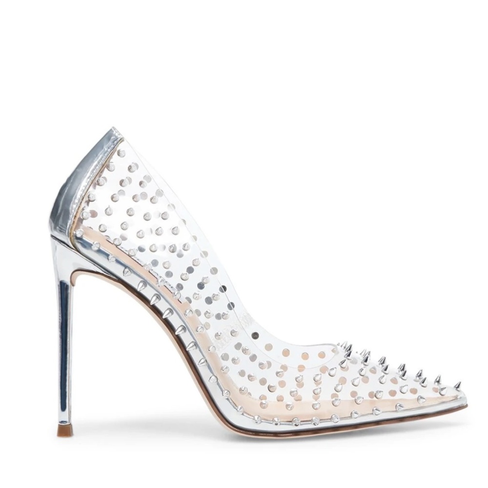Steve Madden Testy Clear Silver Spike Stud Studded Stilleto Pump Heels 8 NEW